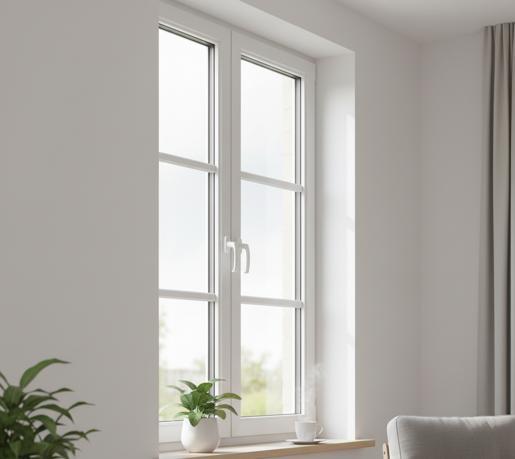 Modern wit kunststof kozijn met HR++ isolatieglas in een lichte woonkamer. De ramen houden warmte binnen en dragen bij aan een energiezuinige woning.