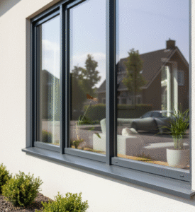 Close-up van antracietkleurige kunststof kozijnen aan de buitenzijde van een woning in Apeldoorn, met strakke afwerking en HR++ glas. De reflectie toont een rustige woonwijk met veel daglicht – een voorbeeld van duurzame, onderhoudsarme kozijnen van VKE Apeldoorn.