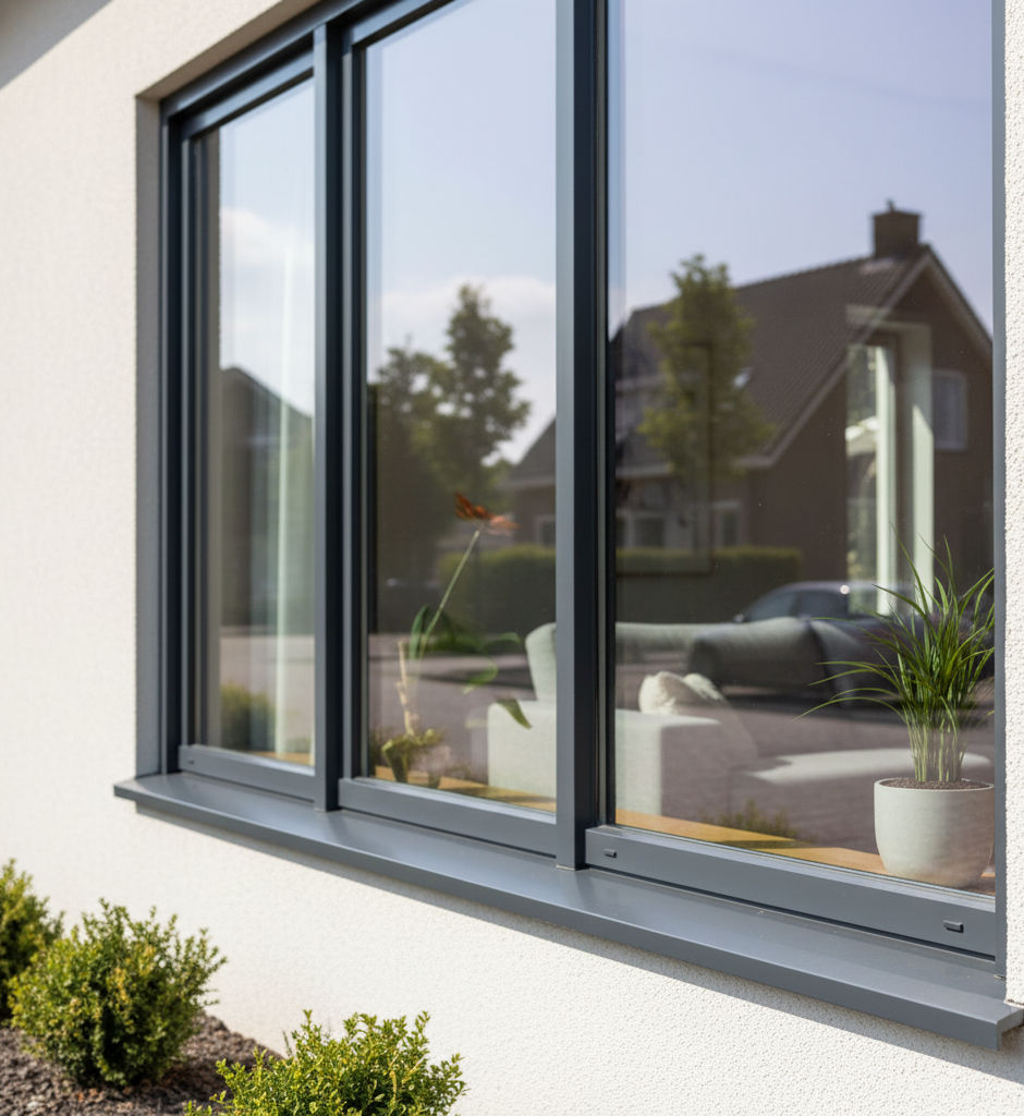 Close-up van antracietkleurige kunststof kozijnen aan de buitenzijde van een woning in Apeldoorn, met strakke afwerking en HR++ glas. De reflectie toont een rustige woonwijk met veel daglicht – een voorbeeld van duurzame, onderhoudsarme kozijnen van VKE Apeldoorn.