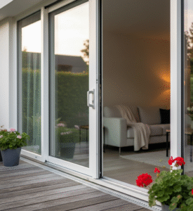 Witte kunststof schuifpui met HR++ isolatieglas, gezien vanaf het terras. De schuifdeur staat gedeeltelijk open en verbindt de woonkamer met de tuin, waardoor veel licht en ruimte ontstaat.