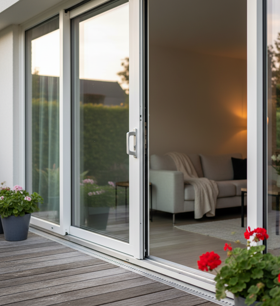 Witte kunststof schuifpui met HR++ isolatieglas, gezien vanaf het terras. De schuifdeur staat gedeeltelijk open en verbindt de woonkamer met de tuin, waardoor veel licht en ruimte ontstaat.