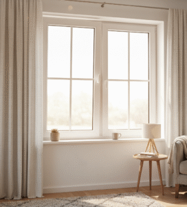 Wit kunststof draai-kiep raam met HR++ isolatieglas in een moderne woonkamer. De raamconstructie zorgt voor veel lichtinval, goede ventilatie en energiezuinig comfort.