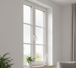 Modern wit kunststof kozijn met HR++ isolatieglas in een lichte woonkamer. De ramen houden warmte binnen en dragen bij aan een energiezuinige woning.
